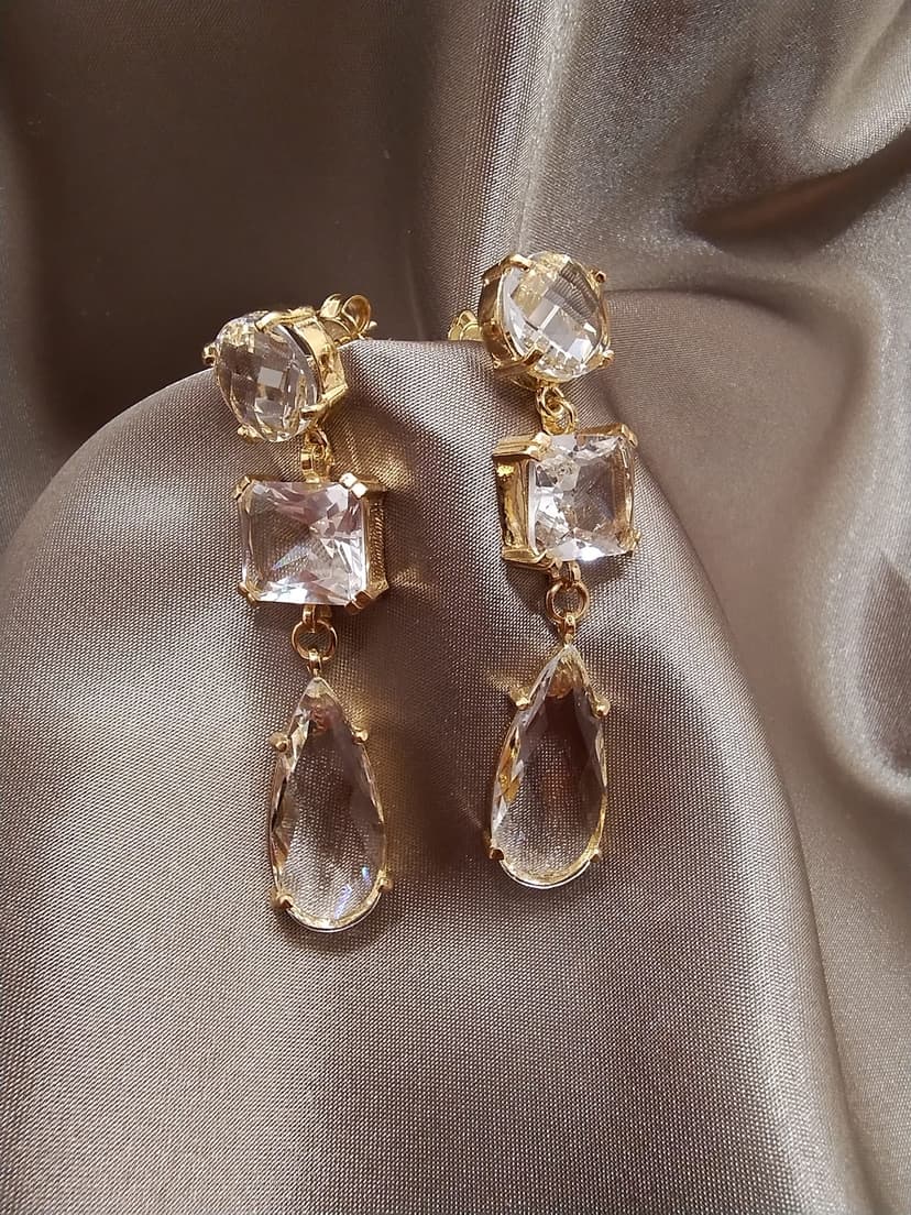 Brincos Compridos c/ Pedra 2 Oval Cristal e Pedra Cristal Retangular